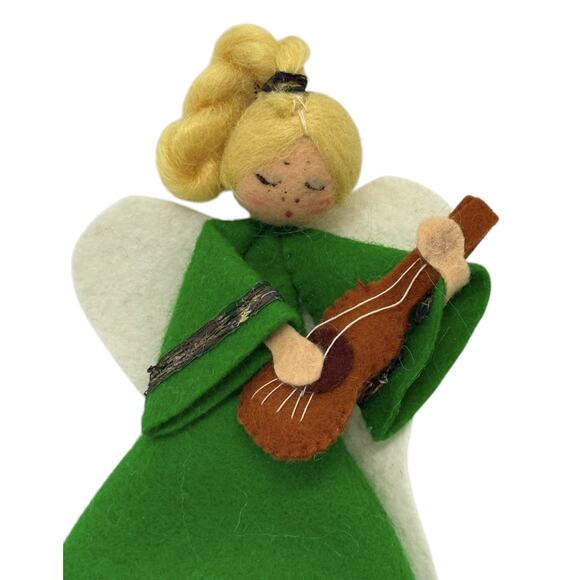 Vintage Handmade Felt Blond Angel Ornament Playing String Guitar Green Dress - Picture 2 of 11
